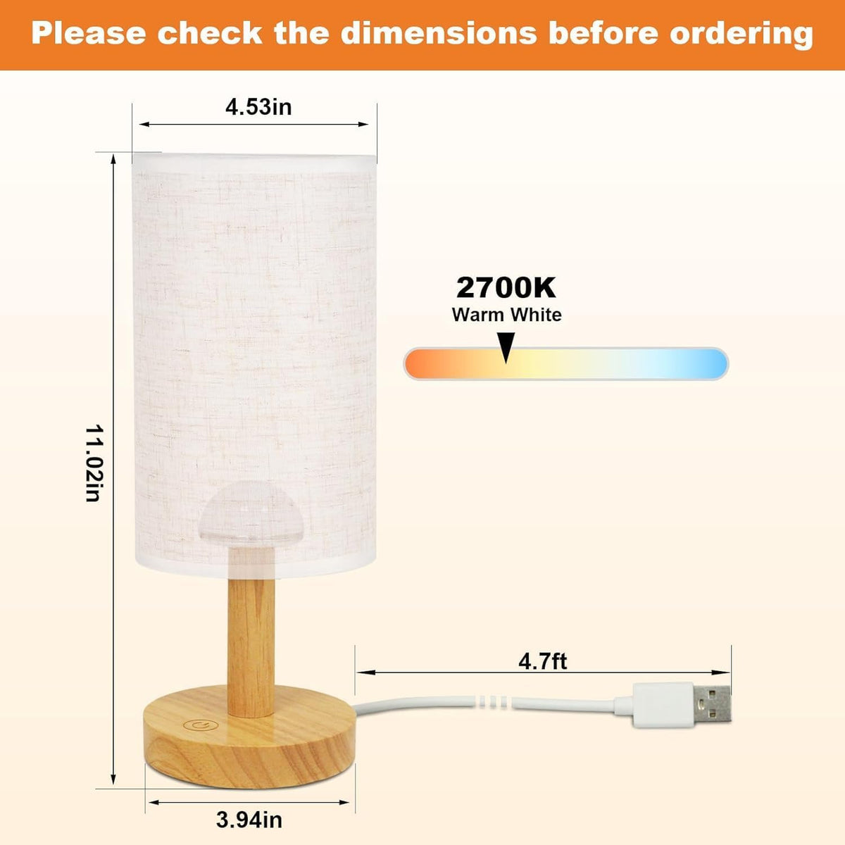 Touch Bedside Table Lamps Set of 2 with Stepless Dimming, USB Powered