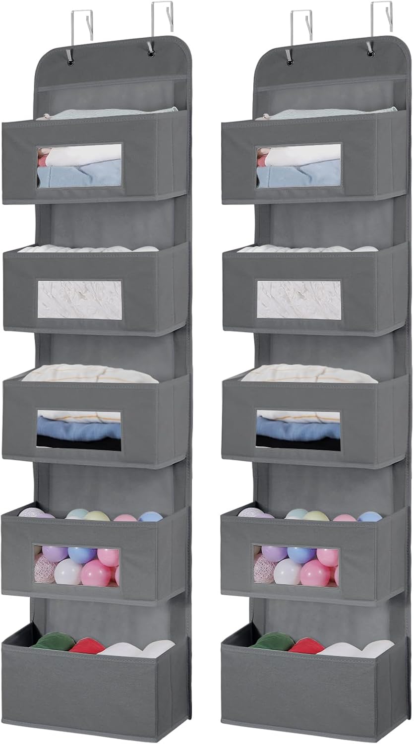 5-Shelf Over The Door Hanging Organizer with 2 Hooks for Room, Gray-2 Pack