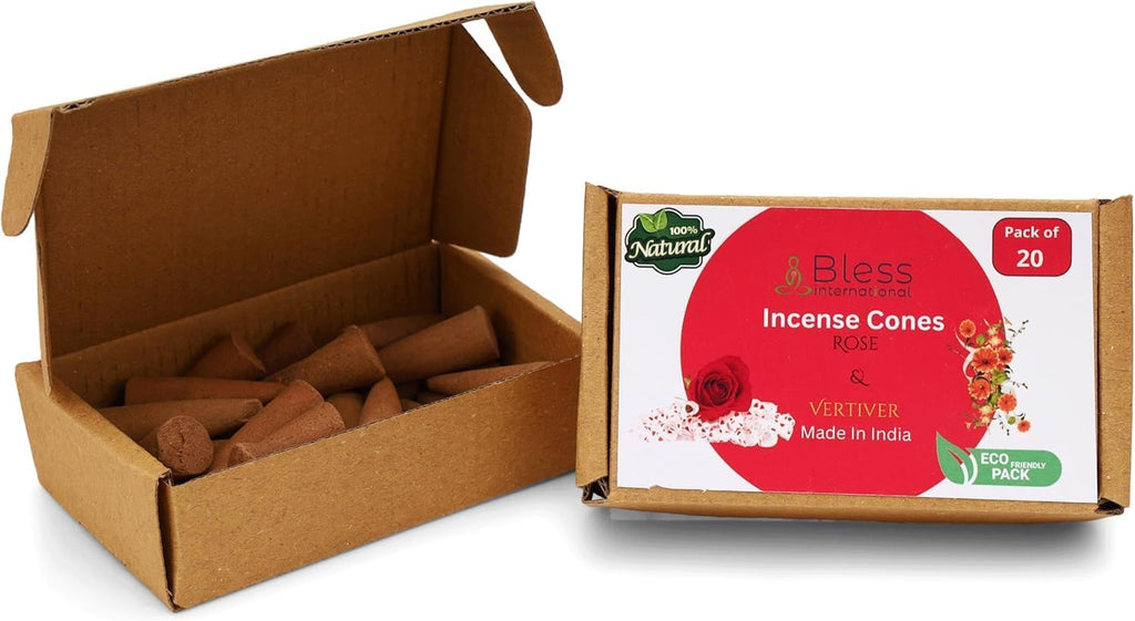 Bless International Rose and Vertiver 100%-Natural-Incense-Cones Handmade-Hand-Dipped Organic-Chemicals-Free for-Purification-Relaxation-Positivity-Yoga-Meditation (20 Count)