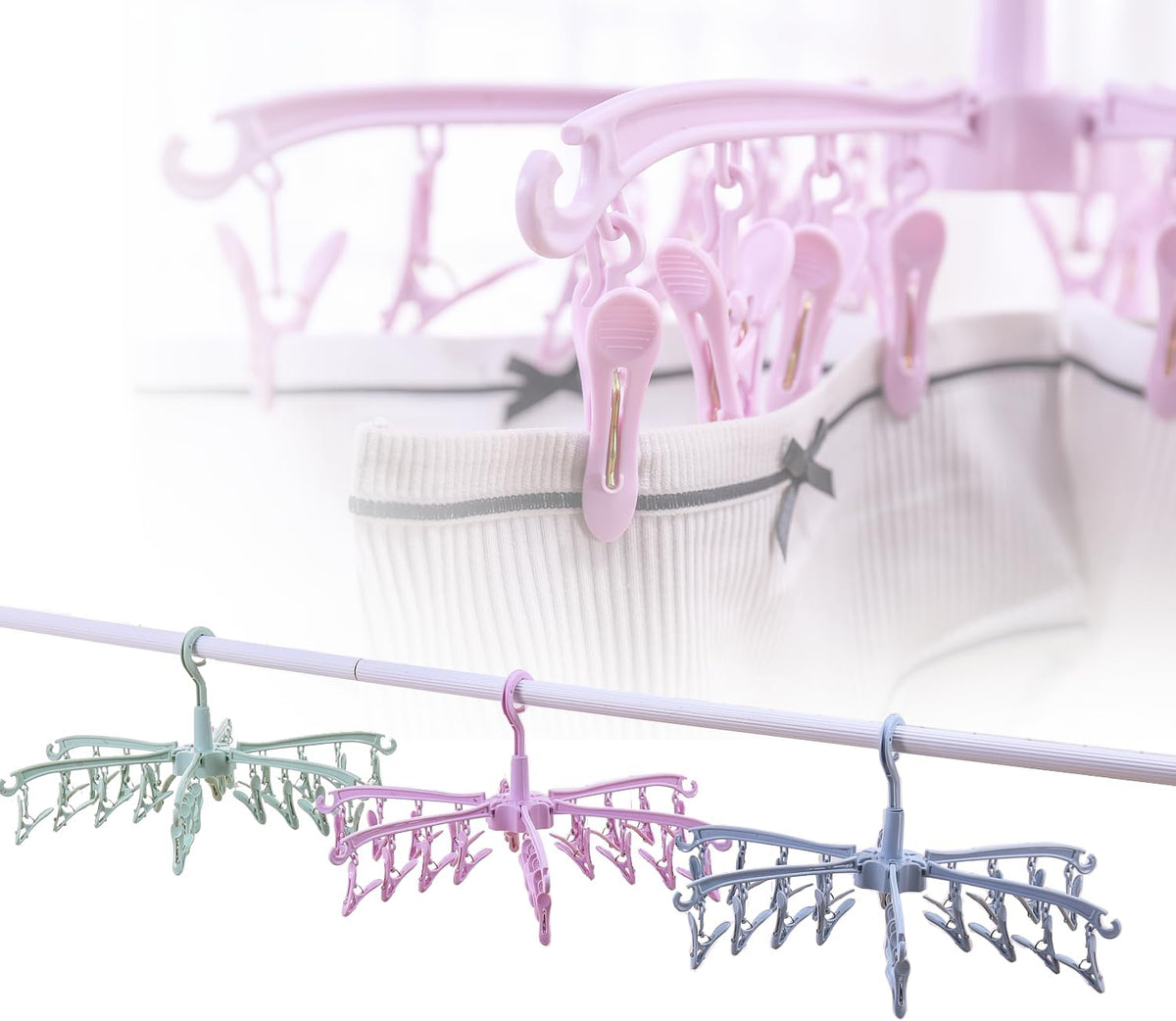 Clothes Drying Hanger with 24 Clips,Foldable Hanging Rack 2 PCS