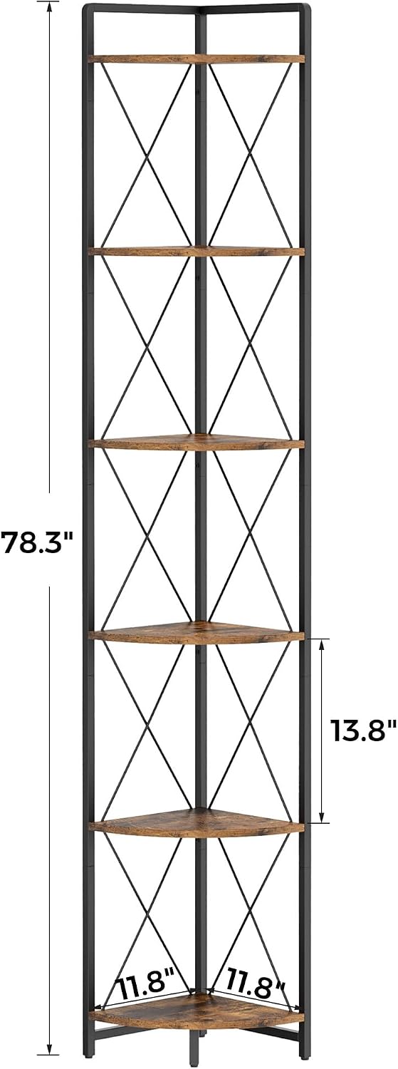 6 Tier Corner Shelf Stand, 78" H Tall Corner Bookshelf, Rustic Brown