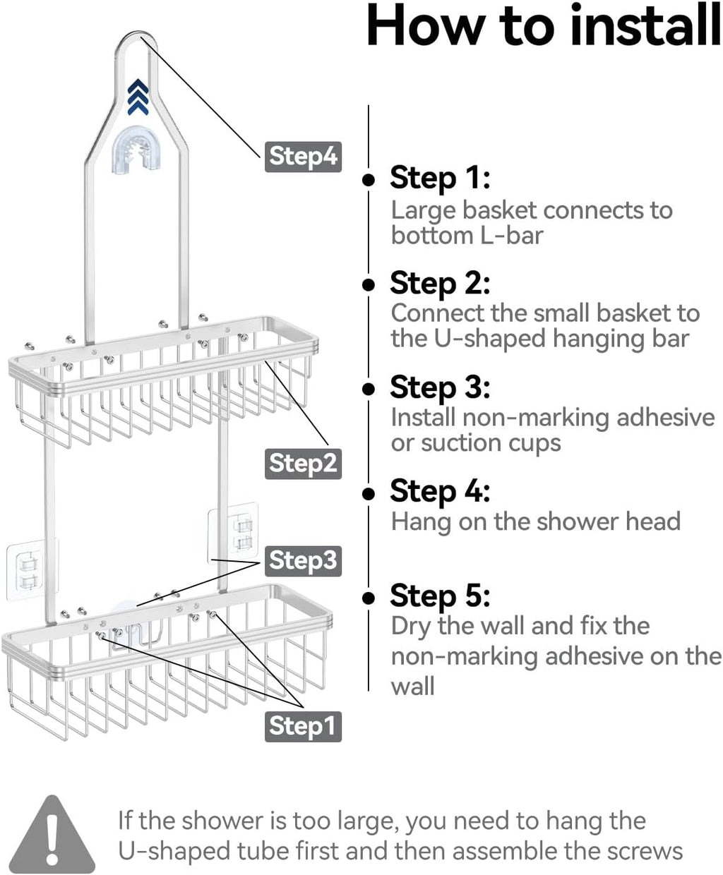 YASONIC Never Rust Shower Caddy Hanging, Aluminum Shower Racks for Inside Shower, 2-Tier Shower Organizer Hanging Over Shower Head with Hooks and Soap Holder, Silver