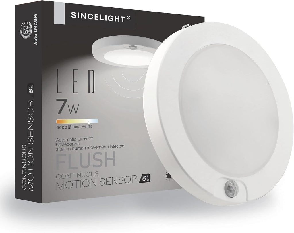 SINCELIGHT PIR Motion Sensor 7W LED Ceiling Light (Φ6''/146mm), Automatically ON/Off, Movement Activated, Cool White 6000K, Surface/Flush Mount for Closet,Cabinet,Hallway, Damp Use, Pack of 1