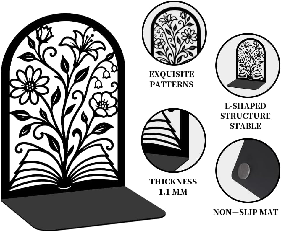 2 Pairs Books & Flowers Motifs Black Metal Bookends for Shelves