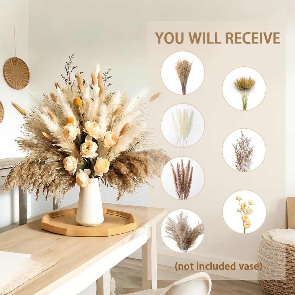 89 Pcs 17 Inch Yellow Dried Pampas Grass Bouquet with Champagne Faux Roses