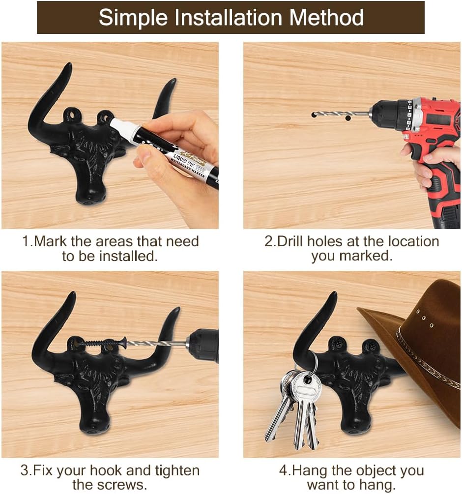 Cast Iron Wall Mount Hooks – Black Bull Design, 2 Pack – Vintage Rustic Coat Hooks for Entryway, Bathroom, Kitchen, or Bedroom