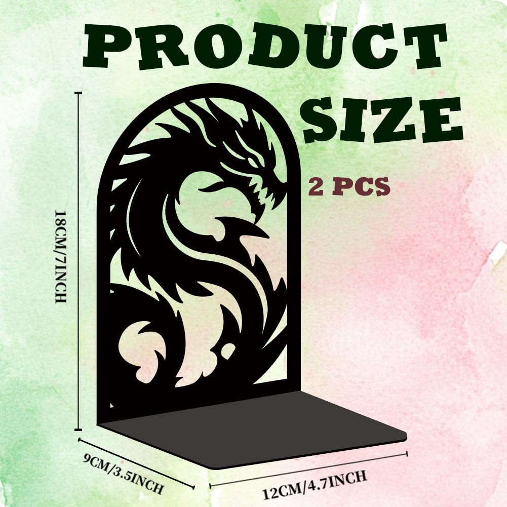 INFUNLY 1 Pair Dragon Book Ends for Shelves Loong Non-Skid Metal Bookshelf Holder Stand Black Book Stopper Support for Desktop 7.1x4.7x3.5 for Home Office Library School Kitchen Decor