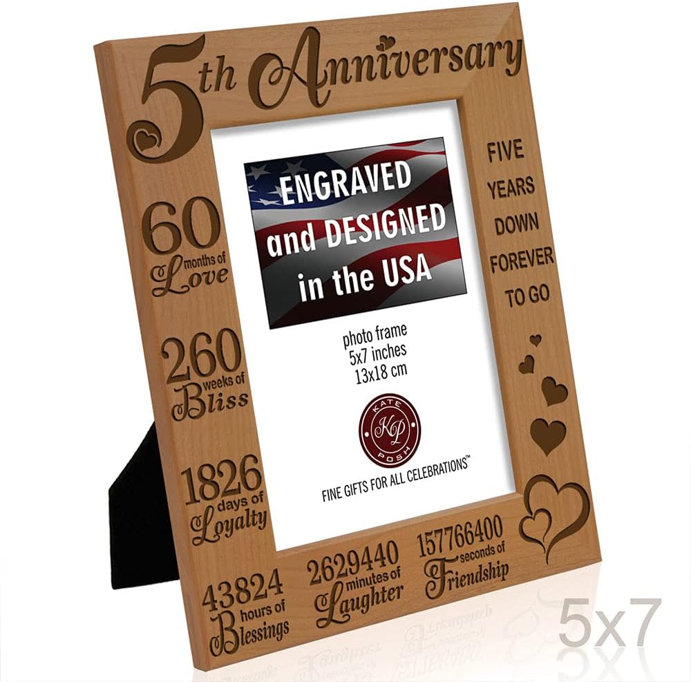 KATE POSH 5th Anniversary Engraved Natural Wood Picture Frame and Gifts, 5th Wood Wedding Anniversary (5x7-Vertical)