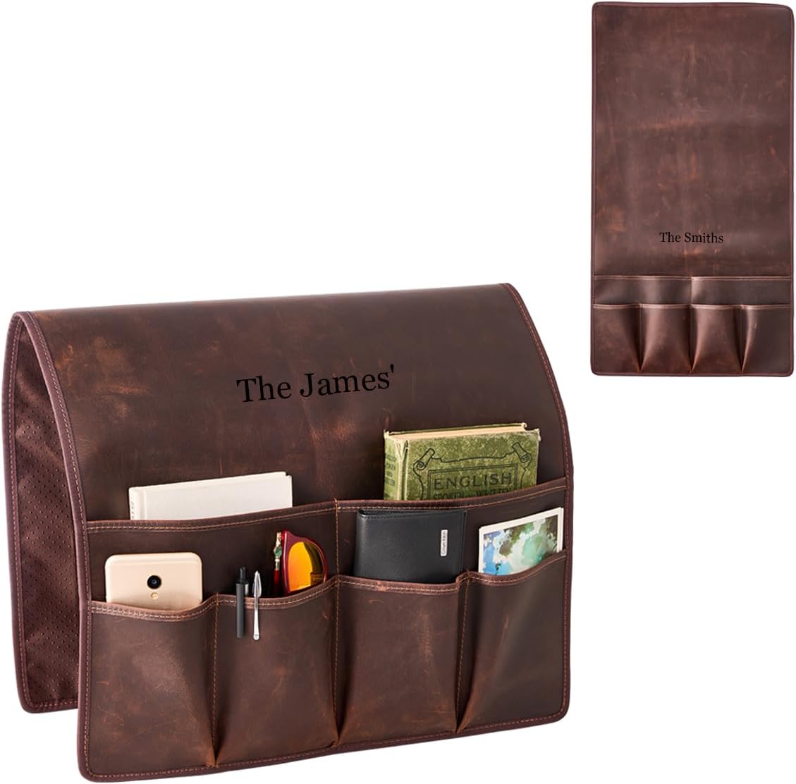 EURYNOME Personalized Sofa Armrest Genuine Leather Storage Bag,Custom Anti-Slip Sofa Organizer Pouch for Remote Control,Phone,ipad,Magazine,etc