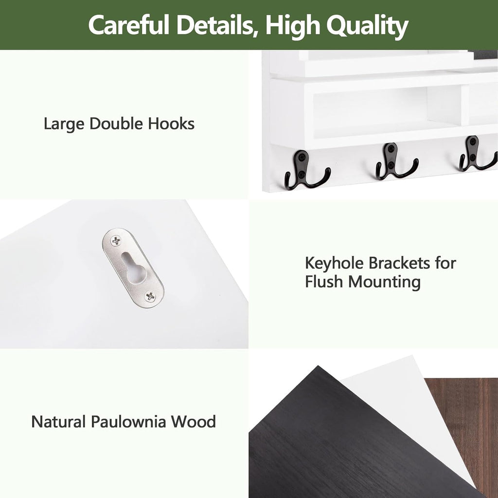 Key Holder for Wall, Wall Mounted Mail Holder Wooden with Shelf & 3 Liquid Chalks & Chalkboard, Mail Sorter Organizer, Rustic Home Decor - Entryway Living Room (15.98”W x 9.1”H x 3.3”D), White
