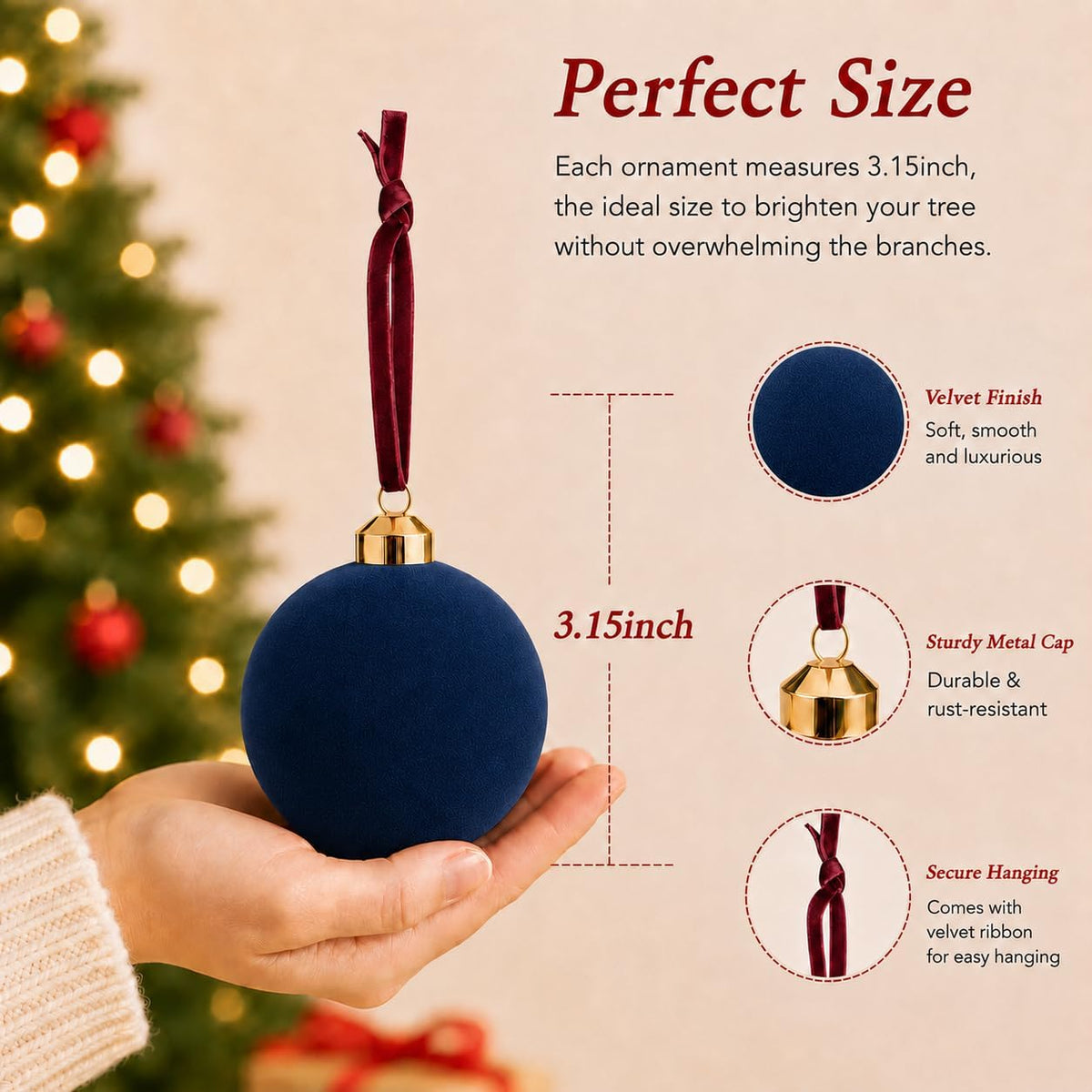 Velvet Christmas Balls Ornaments 15 Pcs, 3.15 Inch Navy Blue Flocked Xmas Tree Ball Ornaments Shatterproof, Velvet Christmas Ornaments Set Bulk for Xmas Tree Holiday Wedding Party Decor
