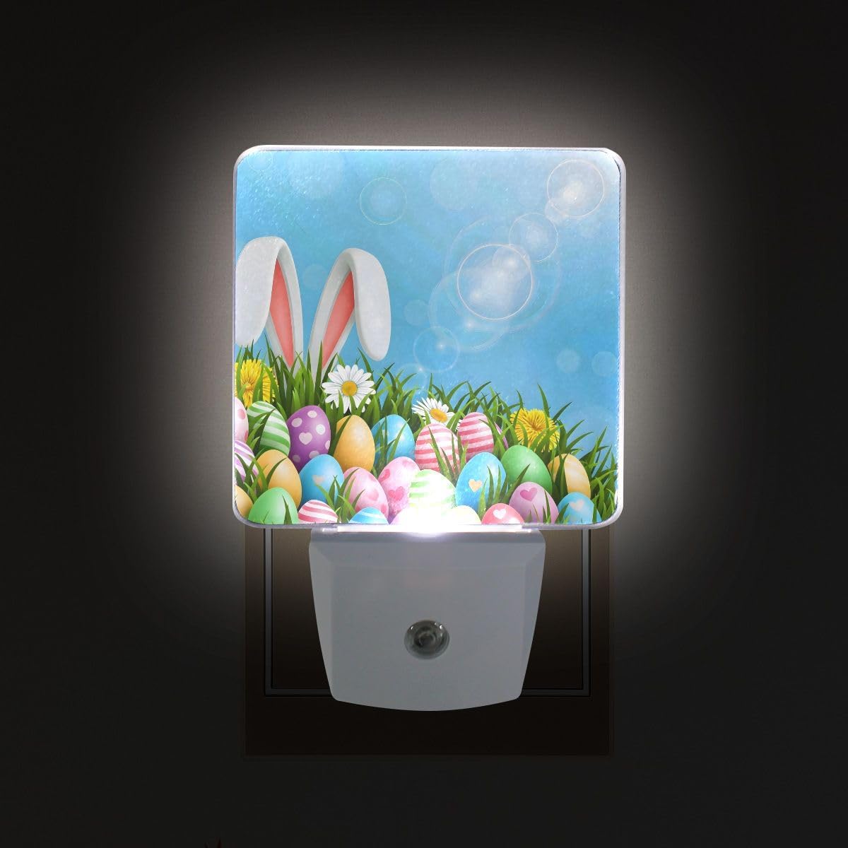 Easter Colorful Eggs Rabbit Night Light Set of 2 Nightlights Plug-in LED Nightlight Auto Dusk-to-Dawn Sensor Lamp for Bedroom Bathroom Home Decor