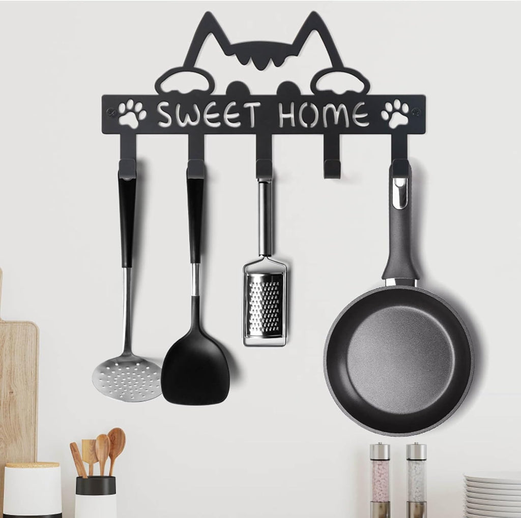 Key Holder Hooks Wall Mounted Organizer Hanger Rack, Cat Sweet Home Wall Metal Decor for Entryway Front Door Kitchen Hallway Garage Mudroom Office