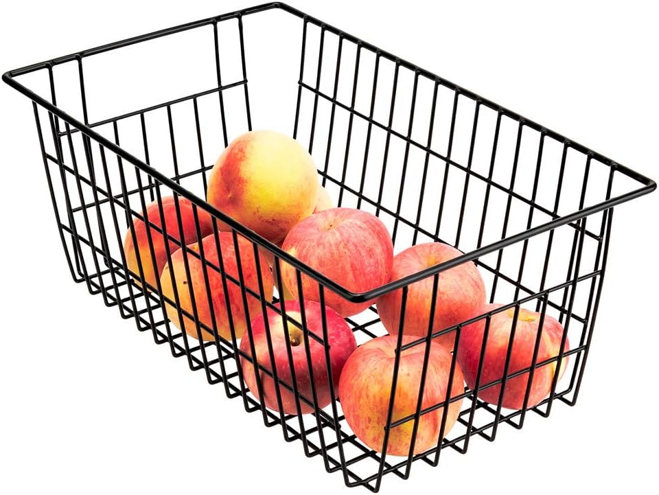 SANNO Freezer Basket Organizer, Refrigerator Metal Wire Storage Divider, Household Container Bins with Handles for Kitchen, Bathroom, Office, Camping, Black,Set of 4