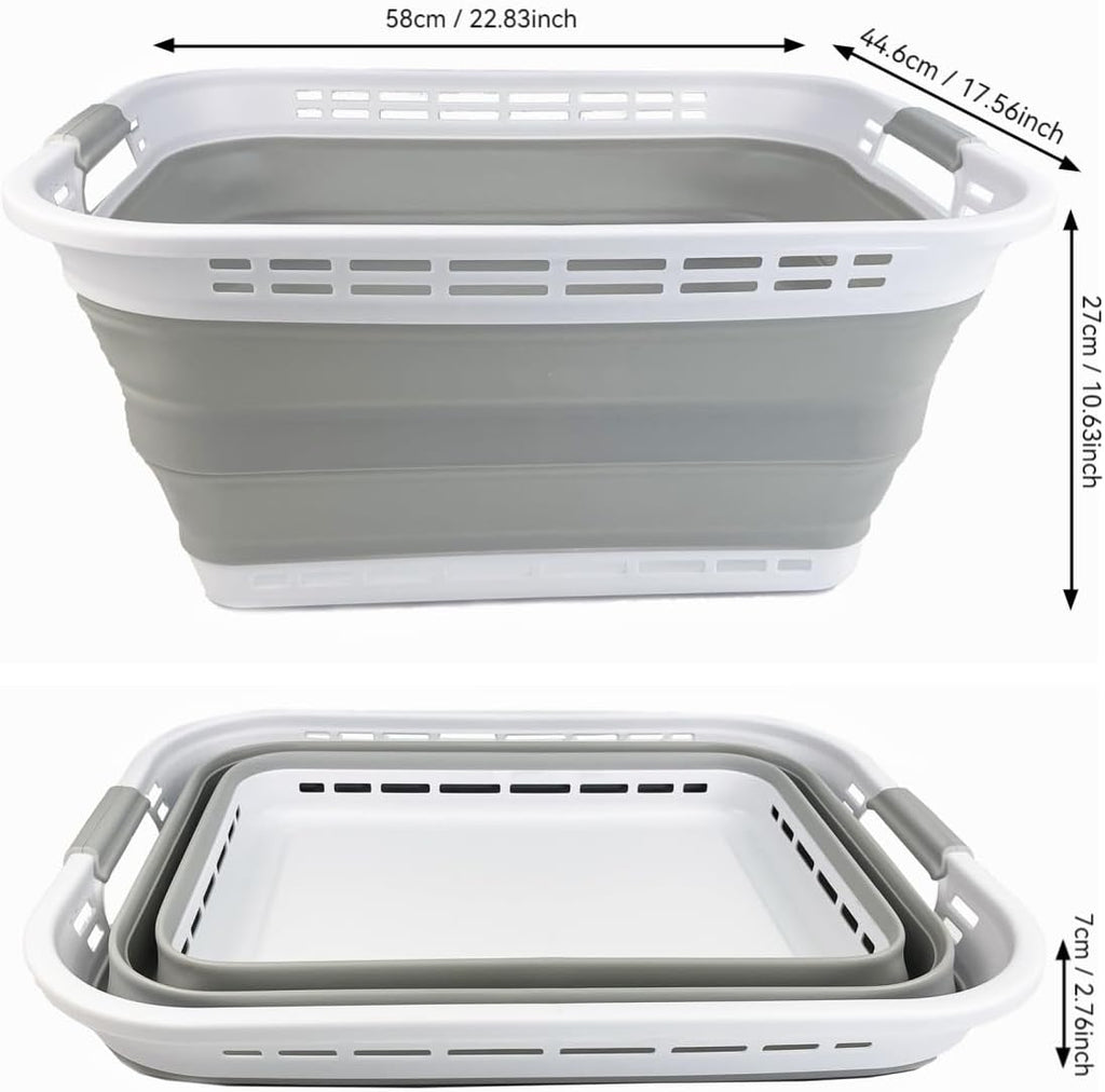 SAMMART 42L (11 gallons) Collapsible Plastic Laundry Hamper/Basket - Foldable Storage Container/Organizer - Portable Laundry Basket - Easy Storage Space Saving (White/Light Grey)