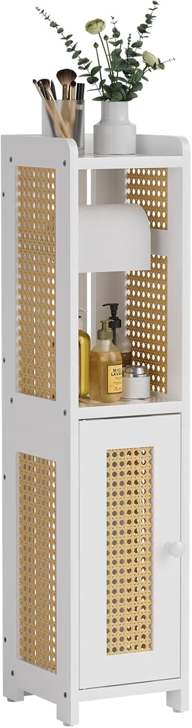 AmazerBath Toilet Paper Holder Cabinet, Bamboo Toilet Paper Holder Stand for Bathroom, Small Toilet Paper Storage Cabinet with Rattan Door, 30.3x7.8x7 inches, White