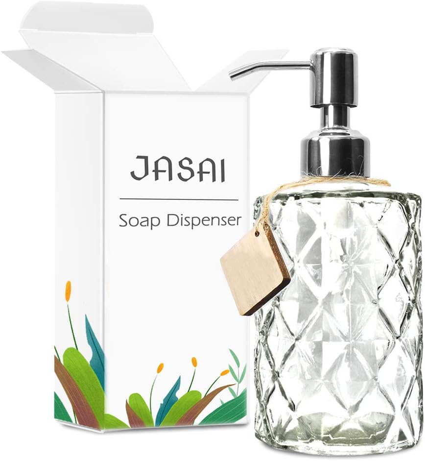 JASAI Diamond Design 12 Oz Glass Soap Dispenser with Rust Proof Pump