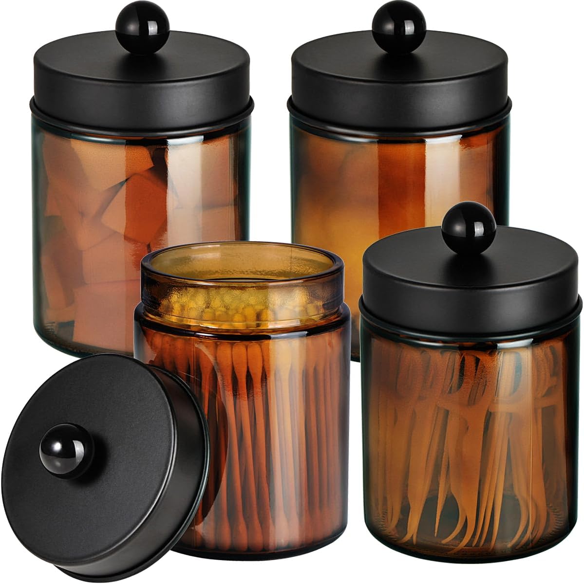 Amolliar Amber Glass Apothecary Jars Qtip Holder w/Metal Lids,Black 4pc