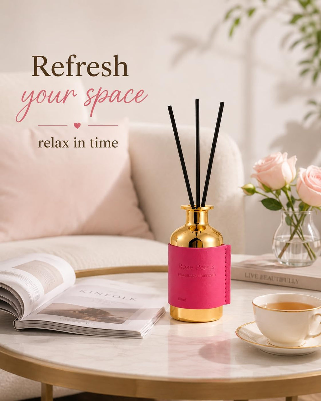 Reed Diffuser Set, Pretty Valley Home Diffuser 80Ml / 2.7 fl OZ Gift Box - Includes Reed Diffuser Sticks, Long Lasting Fragrance Oil and Glass Bottle for Office Living Room Decor (Rose Petals)