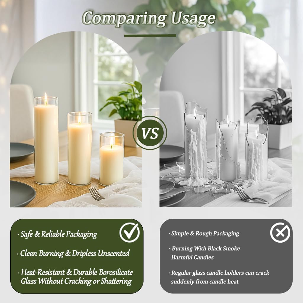 18 PCS Pillar White Candles in Glass,Hurricane Candles,Wedding Cylinder Candle,3 Different Lengths 2 x 3/6/8 Inch (6 Each),Creating an Atmosphere Suitable for Various Outdoor Activities.