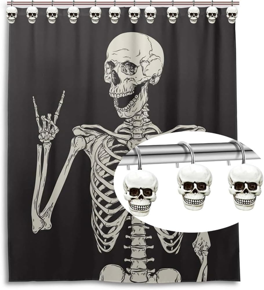 Decorative Shower Curtain Hooks, 12pcs Skull Resin Art Deco Rust Resistant Hooks Glide Shower Ring Hangs Holder Bling for Bathroom Baby Living Room Nursery Halloween Decoration