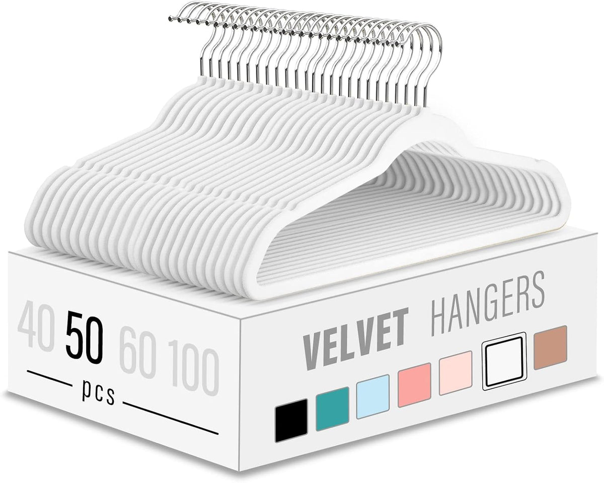 50 Pack White Velvet Clothes Hangers, Non Slip,Space Saving