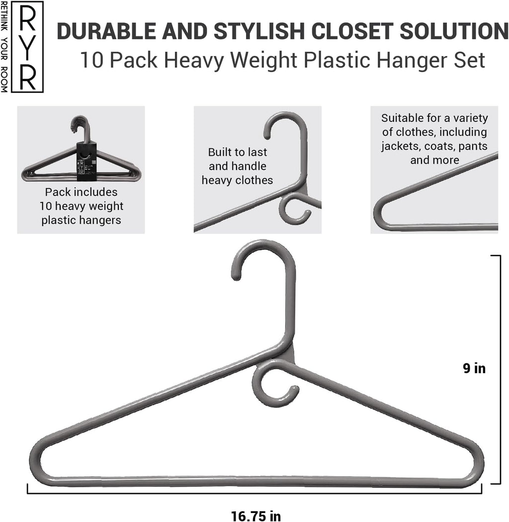 Clothes Hangers 10 Pack Plastic - Heavy Duty Space Saving Coat, Velvet Hangers, Pant Hangers for Closet Organization - Durable Non-Slip, Grey Wardrobe Essentials Bulk Storage