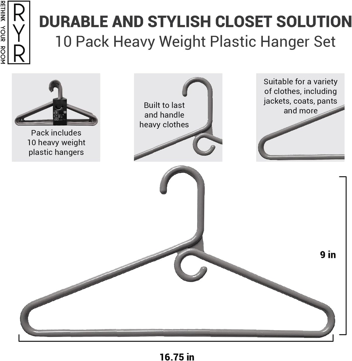 Clothes Hangers 10 Pack Plastic - Heavy Duty Space Saving Coat, Velvet Hangers, Pant Hangers for Closet Organization - Durable Non-Slip, Grey Wardrobe Essentials Bulk Storage
