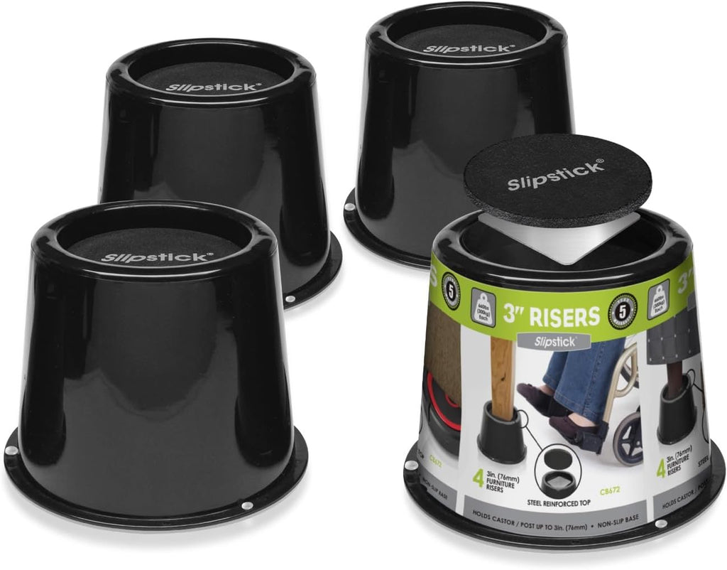Slipstick CB672 Premium 3 Inch Bed Risers/Furniture Raisers with Steel Reinforced Caster Wheel Holder Top, Lifts Height 3" (4 Pack) Supports 2,640 Pounds, Black, Stackable with CB671