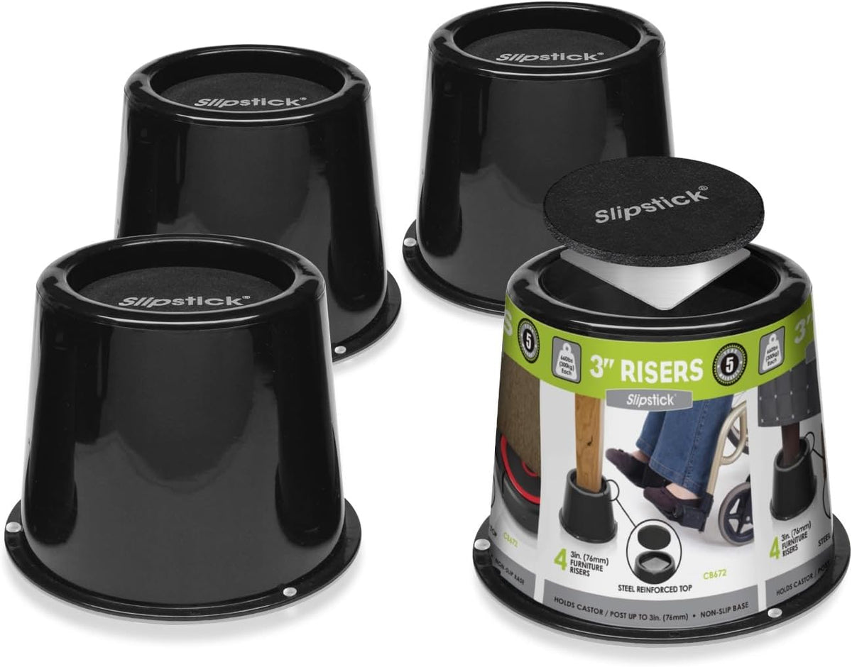 Slipstick CB672 Premium 3 Inch Bed Risers/Furniture Raisers with Steel Reinforced Caster Wheel Holder Top, Lifts Height 3" (4 Pack) Supports 2,640 Pounds, Black, Stackable with CB671