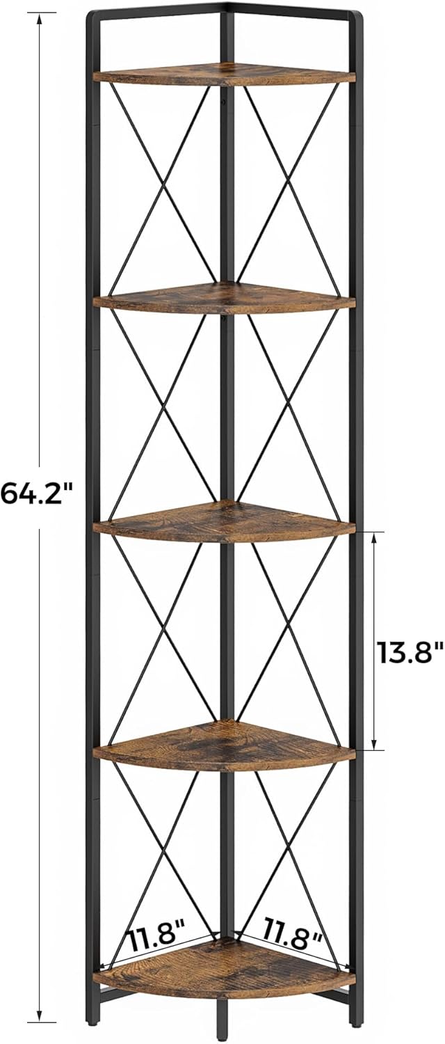 5 Tier Corner Shelf Stand, 64" H Tall Corner Bookshelf, Rustic Brown