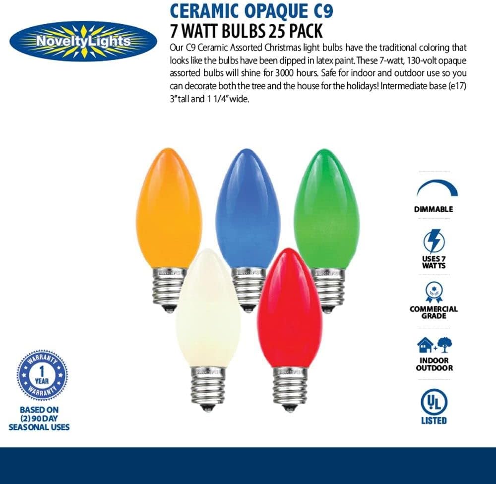 Novelty Lights 75 Pack C9 Ceramic Outdoor Christmas Replacement Bulbs, Multi, E17 Intermediate Base, 7 Watt
