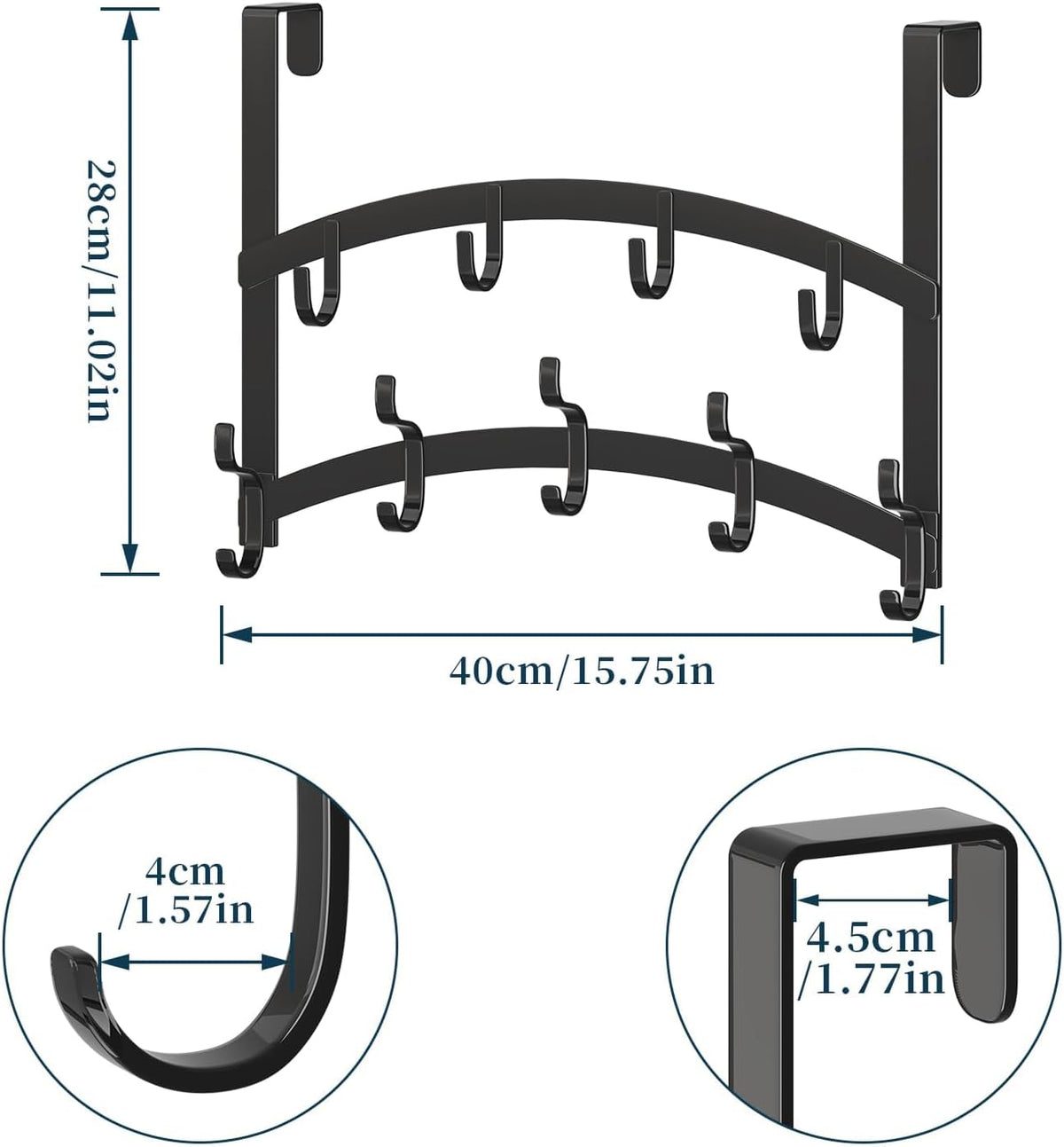 Consumest Over the Door Hooks Organizer - 2 Tier Door Hanger with 14 Hook Heavy Duty Stainless Steel for Towels, Coats, Jackets & Bags, Towel Rack for Bathroom Bedroom, Fits Up to 1.77" Doors, Black