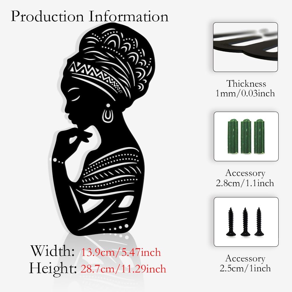 NBEADS Africa Woman Art Wall Decor, 11x5inch Iron Modern Wall Decor Female Home Hanging Drawing Wall Art Metal Wall Sculptures for Bedroom Living Room Black