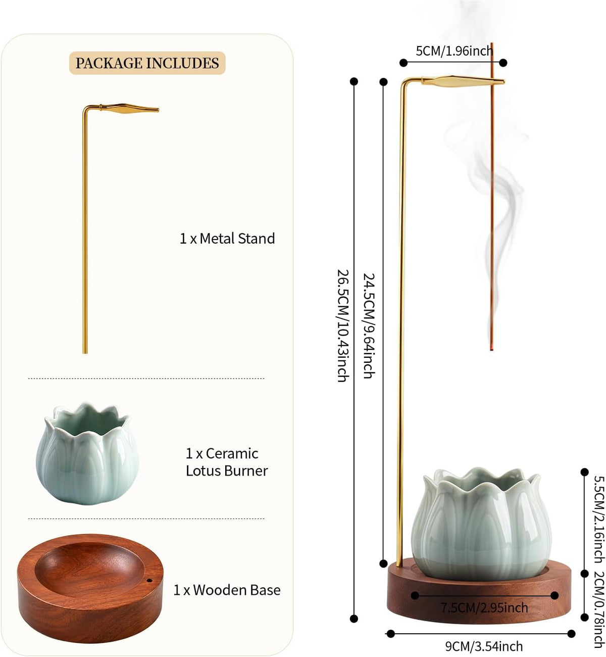 Incense Holder for Sticks with Ceramic Ash Catcher Wooden Base