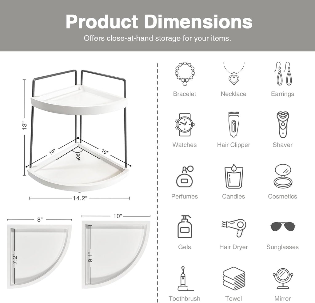 Forbena Corner Bathroom Organizer Countertop, 2Tier Sink Corner Shelf Stand for Kitchen Counter, Modern Coffee Bar Organizer Station, Round Vanity Tray for Men Desk Organization -White and Grey