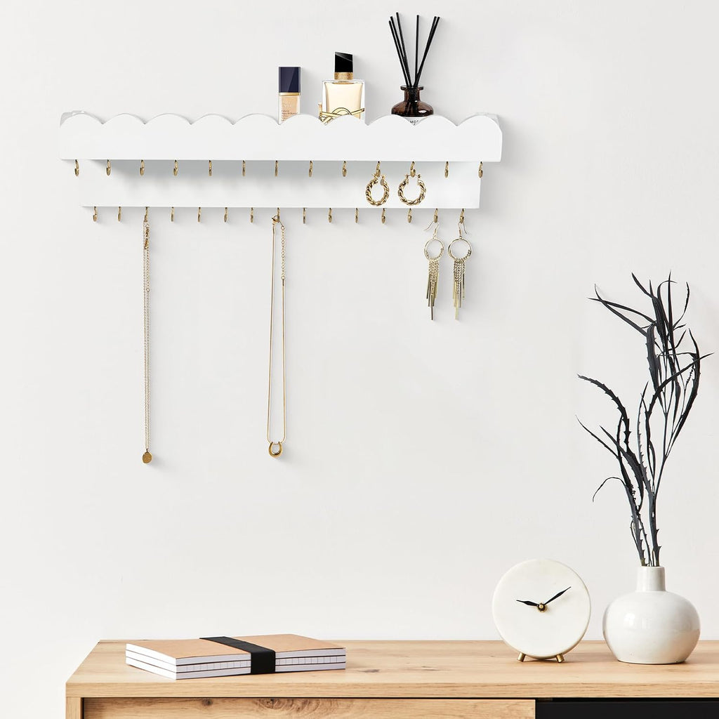 Wall Mount Jewelry Organizer with 28 Hooks and Cosmetics Shelf, Modern Wood Hanging Jewelry Holder for Necklaces, Bracelets, Earrings and Rings, White