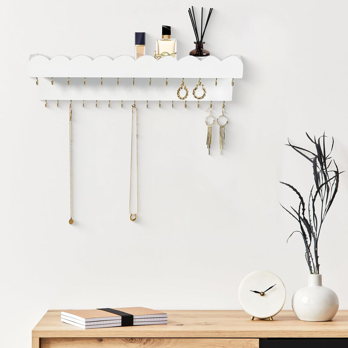 Wall Mount Jewelry Organizer with 28 Hooks and Cosmetics Shelf, Modern Wood Hanging Jewelry Holder for Necklaces, Bracelets, Earrings and Rings, White