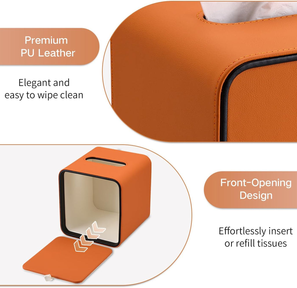 GORESE Square Tissue Box Cover for Kleenexs, PU Leather Tissue Box Holder, Decorative Tissue Holder Cover for Bathroom Bedroom Living Room Office, Orange