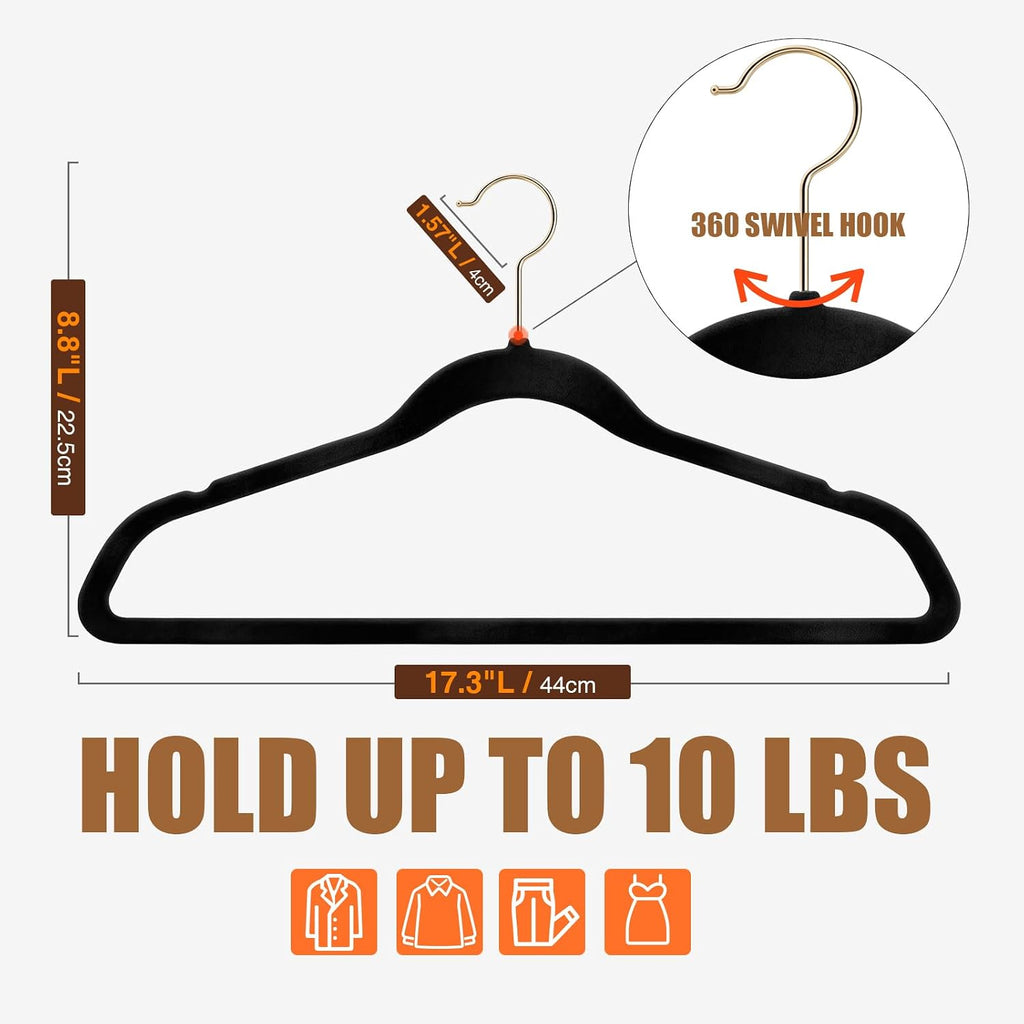 Flottian 100 Pack Black Velvet Hangers Non Slip,Felt Hangers with Gold Hook