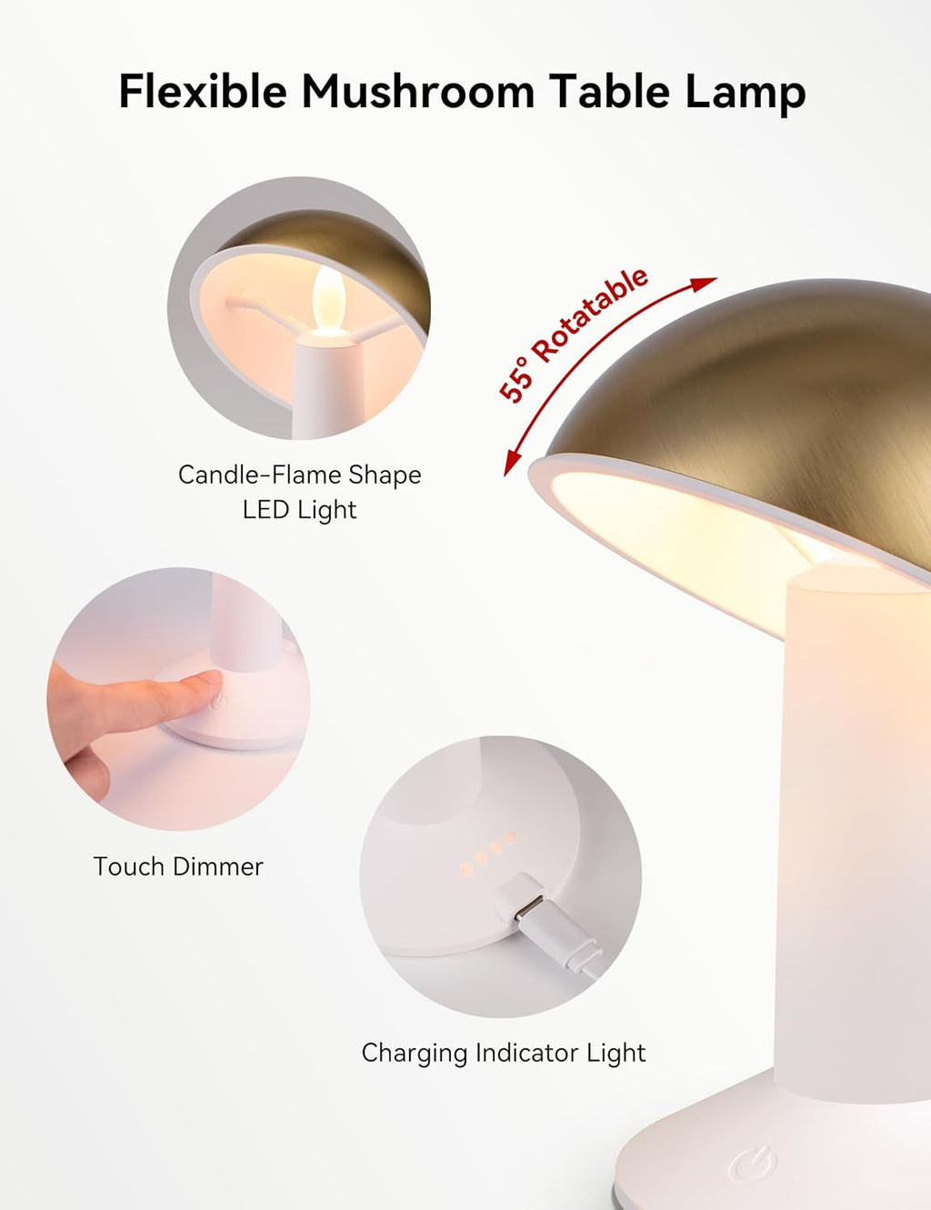 Tubicen 2 Pack Rotatable Mushroom Table Lamp Gold Cordless Bedside Lamp