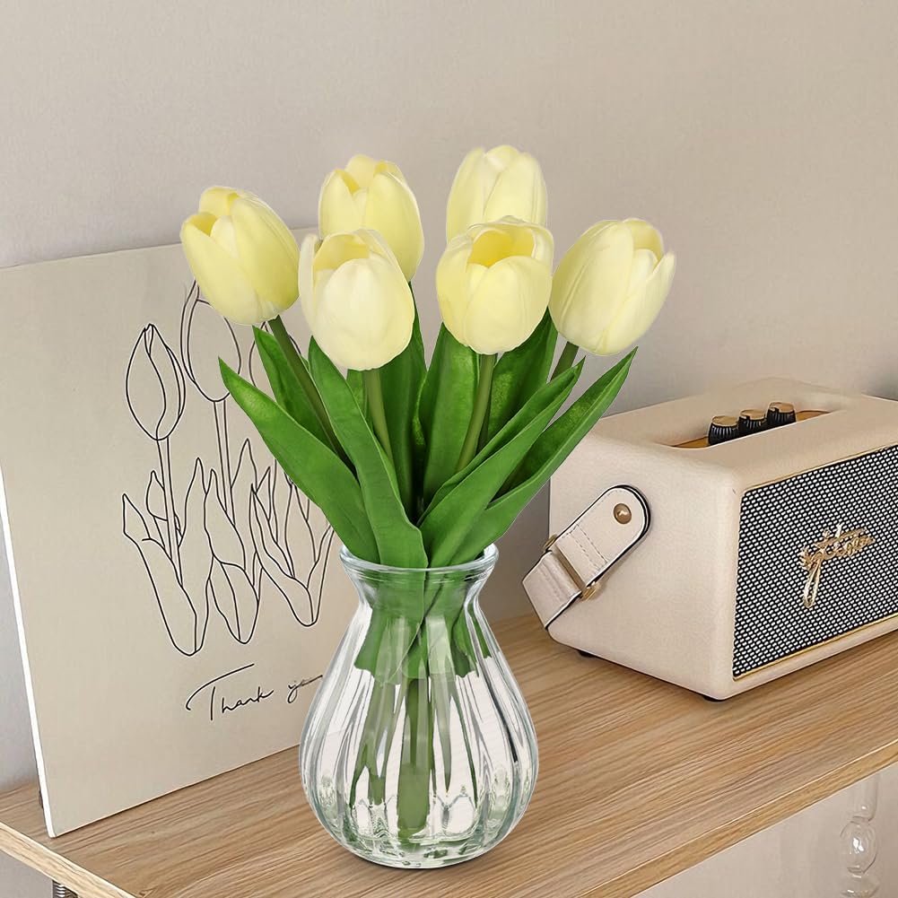 Oairse Fake Tulip Flowers Artificial in Glass Vase with Faux Water Real Touch Foam Tulip Arrangement Suitable for Dining Table Centerpiece Wedding Home Office Decoration (Cream Yellow)
