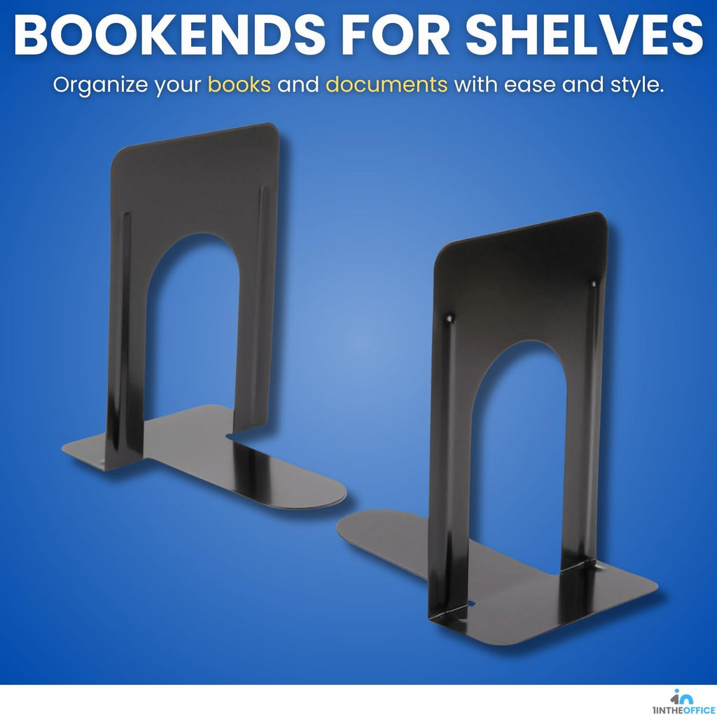 1InTheOffice Bookends for Shelves, Metal Bookends, 8 1/4" x 5 7/8" x 9", Non-Slip, Black, 2 Pack