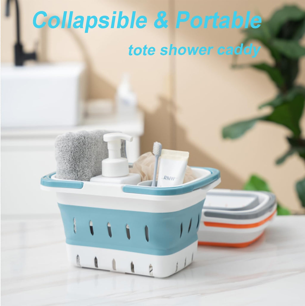 Portable Folding Plastic Bath Shower Caddy with Handle 2 Pack, Perforated, Collapse Travel Bathroom Organizer for Bedroom, College, Shower, Dorm Room, Camping and RV Use (Grey/Blue, 2 pack)