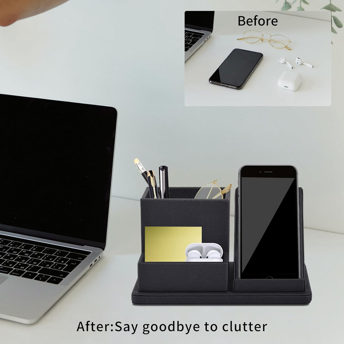 Pu Leather Desk Pen/Pencil Organizer Multi-Function Cell Phone/Remote Control Storage Box with 3 Compartments Office Supplies Sticky Note Tray Business Cards Holder,Black