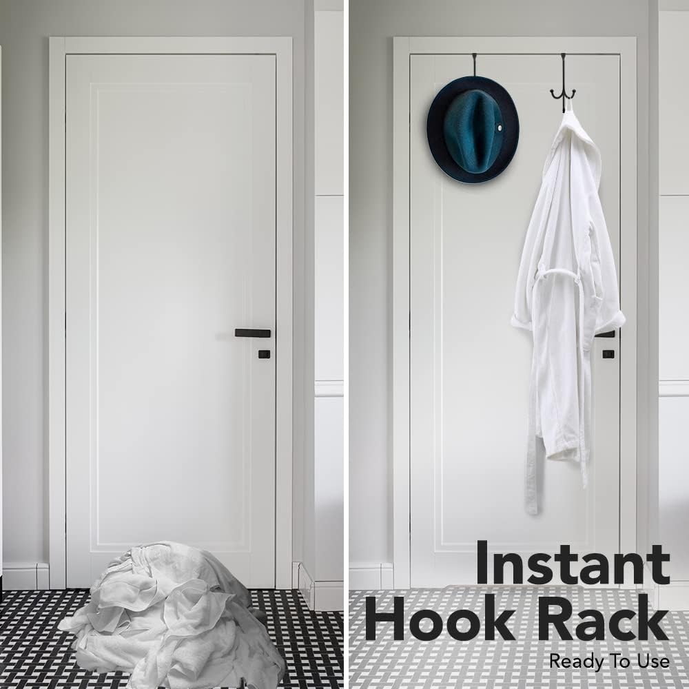 2-Pack Over The Door Hook - with 3 Hang Heads & Snug Fit Pads- 2Pcs Heavy Duty Hooks for Hanging Coats, Towels, Caps & Robes - Elegant Matt Finish - No Drill Hanger Organizer - Black