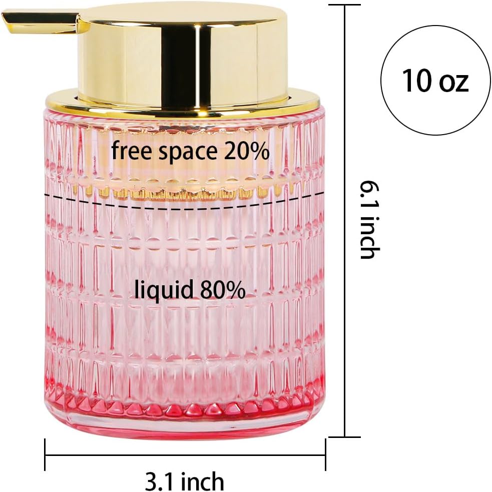 Foaming Soap Dispenser, Pink Glass Foam Soap Dispenser for Bathroom and Kitchen, 10 Oz Refillable Foaming Pump Bottle with Large Pump, Ribbed Bottle Container Decor