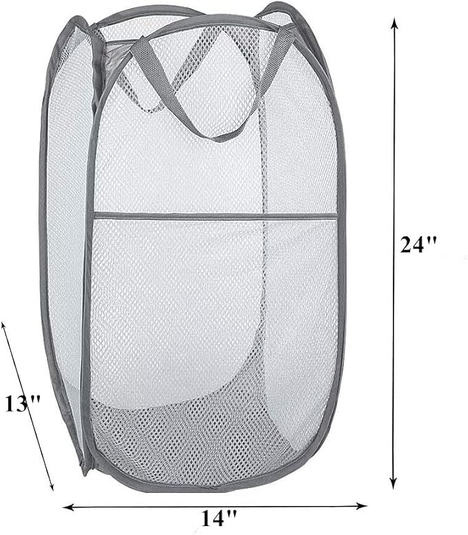 Portable Mesh Popup Laundry Hamper with Durable Handles, Folding Pop-Up Clothes Hampers Collapsible for Storage, Travel Cloth Basket Great for Home Kids Room, College Dorm, Travel (Grey)
