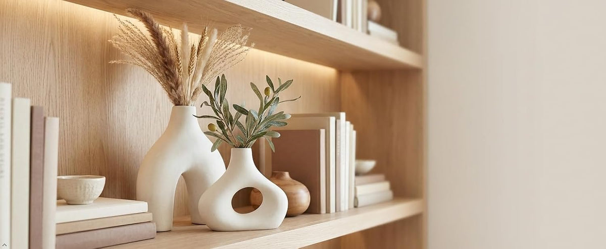 Carrot's Den Ceramic Modern Vase Set of 2, Donut Shelf Decor, Warm White