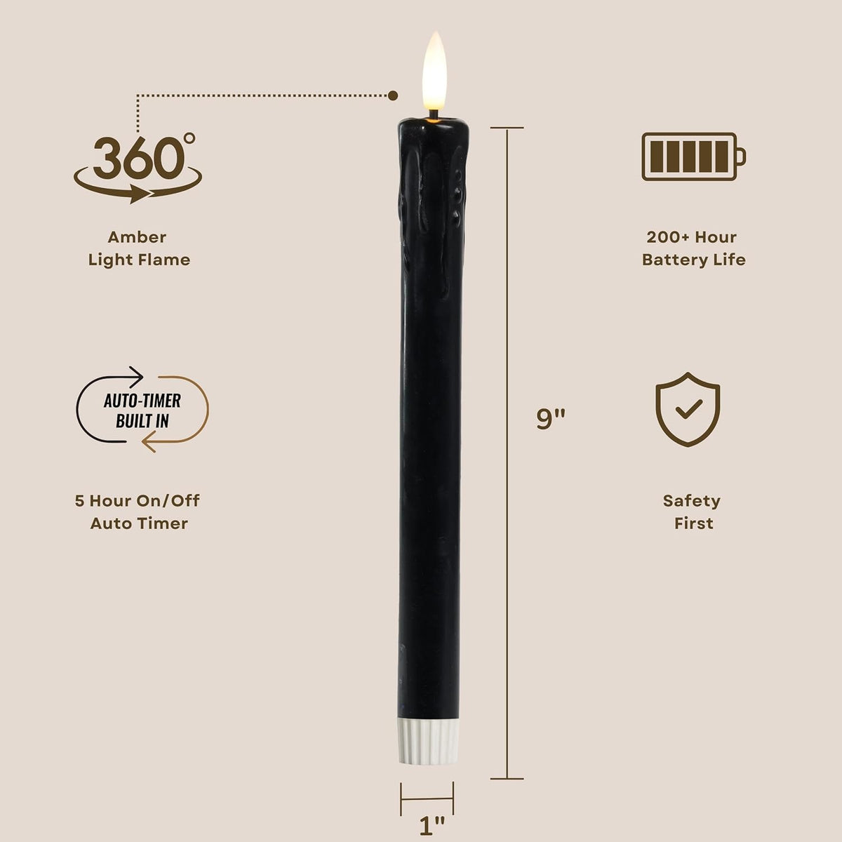 LumiPur Signature Collection Natural Glow Flickering Flameless LED Wax Taper Candle 1" x 9" (Drip - Black, 2-Pack)